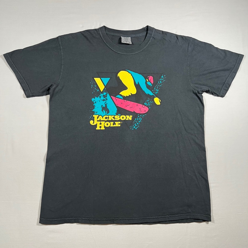 Jackson Hole Wyoming Snowboarding Graphic T-Shirt Mens Large Black Charcoal